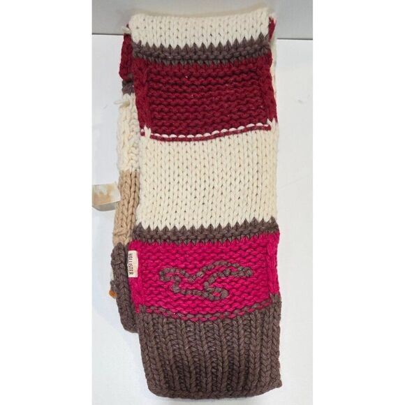 Hollister Striped Knit Scarf Beige Brown Red Wool Blend warm soft color block - Picture 2 of 7